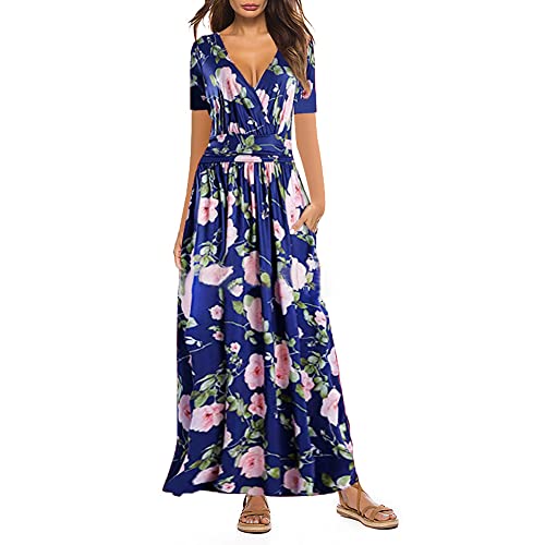 xuntao Damen Kurzarm V-Ausschnitt Maxikleid Casual Boho Sommerkleid mit Taschen Partykleid A-Blau L von xuntao