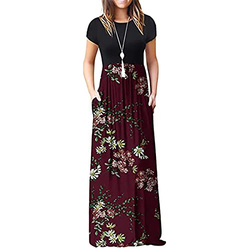 xuntao Damen Kurzarm V-Ausschnitt Maxikleid Casual Boho Sommerkleid mit Taschen Partykleid B-Rot S von xuntao