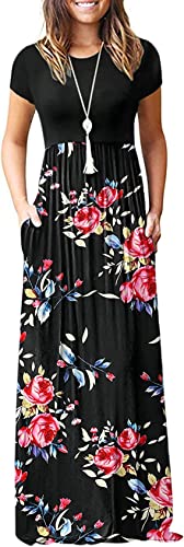 xuntao Damen Kurzarm V-Ausschnitt Maxikleid Casual Boho Sommerkleid mit Taschen Partykleid B-Schwarz L von xuntao