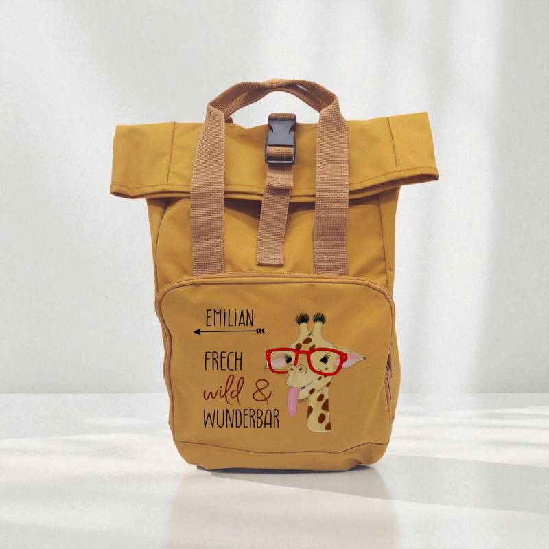 Recycelter Rolltop Kinderrucksack Giraffe "Frech Wild Und Wunderbar" Mit Namen Personalisiert Für Kindergarten, Schule von xxxBESONDERSxxx