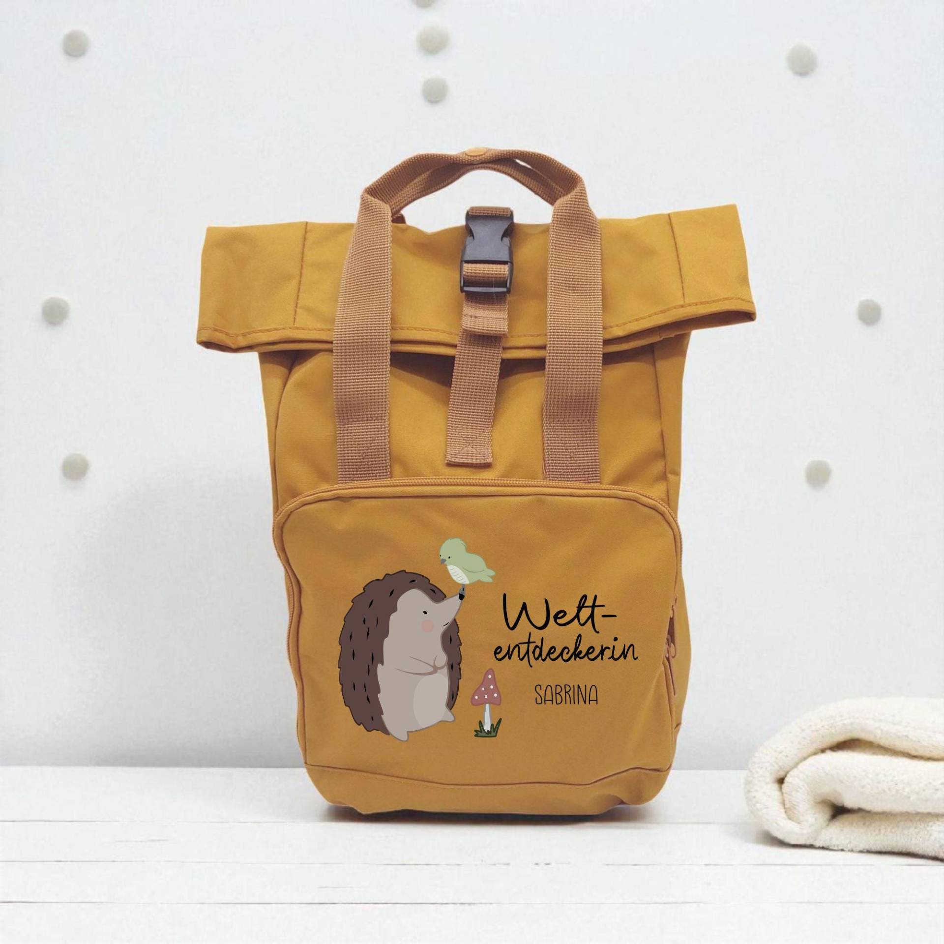 Recycelter Rolltop Kinderrucksack Igel "Weltentdecker" Mit Namen Personalisiert Für Kindergarten, Schule von xxxBESONDERSxxx
