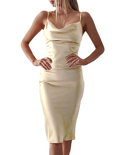 xxxiticat Damen Ärmellos Spaghetti Strap Satin Gabeln Kleid Cocktail Strand Abend Party Cowl Neck Midi Kleider(GO,L) von xxxiticat