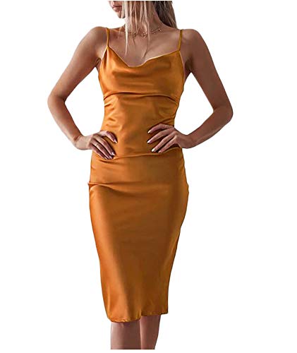 xxxiticat Damen Ärmellos Spaghetti Strap Satin Gabeln Kleid Cocktail Strand Abend Party Cowl Neck Midi Kleider(OR,S) von xxxiticat