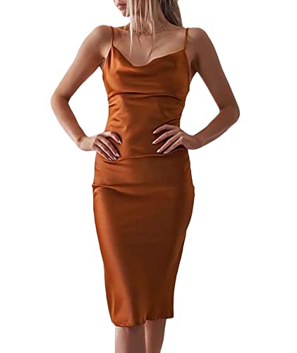 xxxiticat Damen Ärmellos Spaghetti Strap Satin Gabeln Kleid Cocktail Strand Abend Party Cowl Neck Midi Kleider(RU,M) von xxxiticat