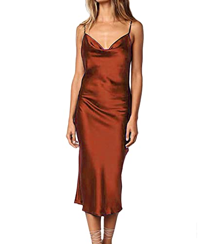 xxxiticat Damen Ärmellos Spaghettiträger Satin Kleid Cocktail Strand Abend Party Wasserfallausschnitt Dot Leopard Midi Kleider, Midi-Braun, Klein von xxxiticat