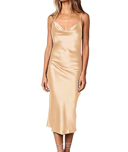 xxxiticat Damen Ärmellos Spaghettiträger Satin Kleid Cocktail Strand Abend Party Wasserfallausschnitt Dot Leopard Midi Kleider, Midi-Gold, Mittel von xxxiticat