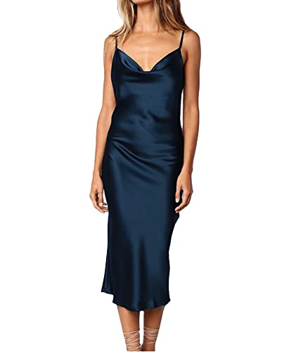 xxxiticat Damen Ärmellos Spaghettiträger Satin Kleid Cocktail Strand Abend Party Wasserfallausschnitt Dot Leopard Midi Kleider, Midi-dunkelblau, Klein von xxxiticat