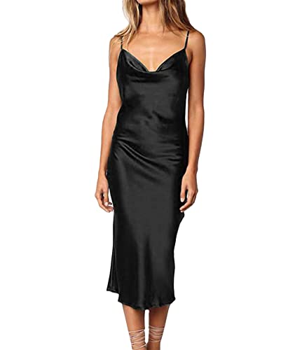 xxxiticat Damen Ärmelloses Satin Kleid Sexy Spaghetti Strap Backless Cocktail Ball Party Midi Kleid(BL,L) von xxxiticat