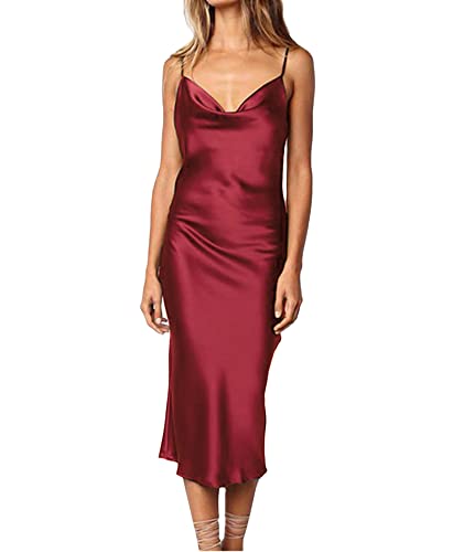 xxxiticat Damen Ärmelloses Satin Kleid Sexy Spaghetti Strap Backless Cocktail Ball Party Midi Kleid(WR,M) von xxxiticat