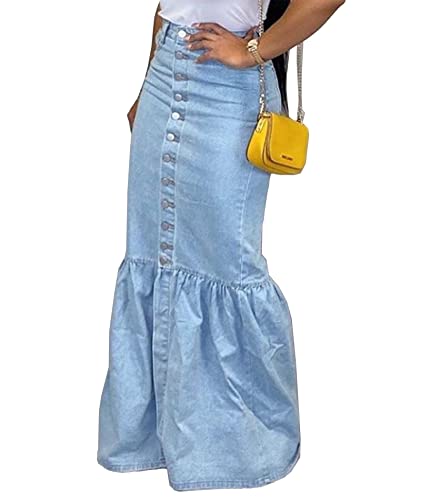 xxxiticat Damen Blau Denim Skirt Midi Jeansrock Rock Stretch Rüsche Bleistiftrock Sexy Pencil Skirt mit Knöpfen Denim Skirt Midirock(BE,XXL) von xxxiticat