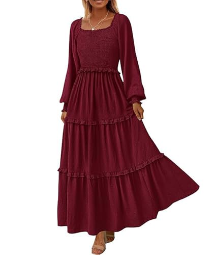 xxxiticat Damen Boho Lange Kleider Langarm Viereckiger Ausschnitt Swiss Dot High Waist Kleid Rüschen Smocked Midi Kleider(WR,M) von xxxiticat
