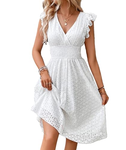 xxxiticat Damen Boho Midi Kleid Wrap V-Ausschnitt A-Linie Hollow Out Flowy Urlaub Kleid Strand Party Kleider(WH,M) von xxxiticat