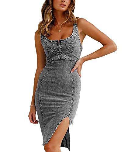 xxxiticat Damen Denim Bodycon Kleid Y2k Trendy Side Schlitz Club Kleider für Frauen Ausgehen Mini Kleider(BL,M) von xxxiticat