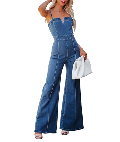 xxxiticat Damen Denim Jumpsuit Ärmellose Spaghettiträger V-Ausschnitt Reißverschluss Weites Bein Flare Einteilige Jeans Strampler Overalls(BE,L) von xxxiticat