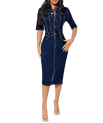 xxxiticat Damen Denim Kleid Halbarm Bodycon 1/2 Knopf Placket Midi Denim Bleistiftkleid mit Tasche Workwear Midi Kleid(BE,XL) von xxxiticat