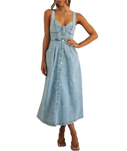 xxxiticat Damen Denim Kleid Knopf Ärmellos Rückenlos A-Linie langes Kleid mit Tasche(LB,2XL) von xxxiticat
