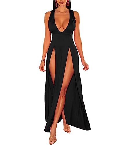 xxxiticat Damen Doppelschlitz Maxi Tank Kleid Ärmellos Tiefer V-Ausschnitt Low Cut High Split Cover Up Langes Bodycon Wickelkleid, Schwarz, X-Groß von xxxiticat