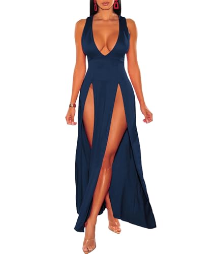 xxxiticat Damen Doppelschlitz Maxi Tank Kleid Ärmellos Tiefer V-Ausschnitt Tiefer Ausschnitt Hoch Split Cover Up Lang Bodycon Wickelkleid, Dunkelblau, XX-Large von xxxiticat