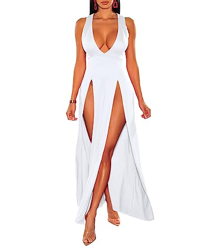 xxxiticat Damen Doppelschlitz Maxi Tank Kleid Ärmellos Tiefer V-Ausschnitt Tiefer Ausschnitt Hoch Split Cover Up Lang Bodycon Wickelkleid, Weiss/opulenter Garten, XX-Large von xxxiticat