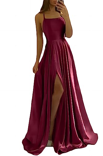 xxxiticat Damen Elegant Lange Ballkleider Satin A-Linie Hochzeitskleid Abendkleider Sexy Neckholder Spaghetti Brautkleid Kleider Lang Prinzessin Brautjungfer Kleid(WR,XL) von xxxiticat