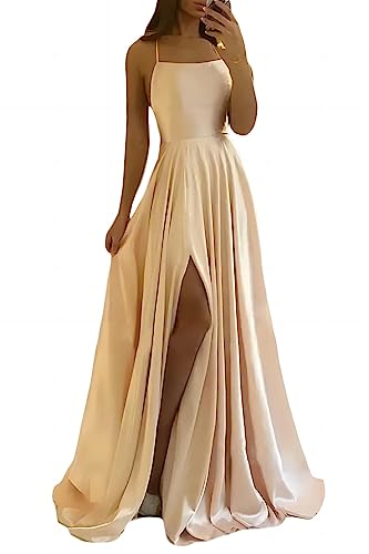 xxxiticat Damen Elegant Lange Ballkleider Satin A-Linie Hochzeitskleid Abendkleider Sexy Neckholder Spaghetti Brautkleid Kleider Lang Prinzessin Brautjungfer Kleid(CE,S) von xxxiticat