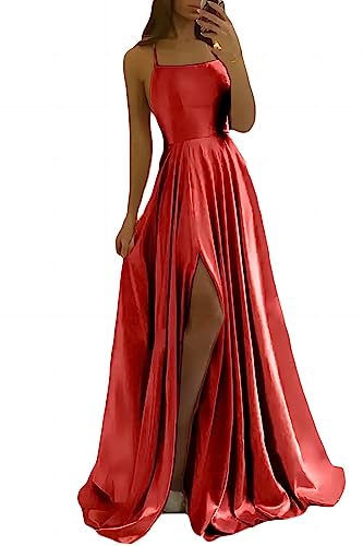 xxxiticat Damen Elegant Lange Ballkleider Satin A-Linie Hochzeitskleid Abendkleider Sexy Neckholder Spaghetti Brautkleid Kleider Lang Prinzessin Brautjungfer Kleid(RE,M) von xxxiticat