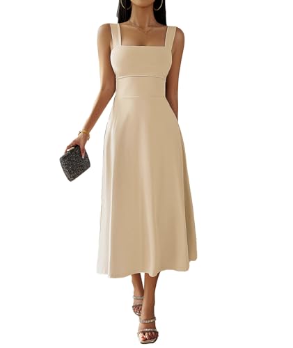 xxxiticat Damen Elegant Midi Kleid 2024 Lässig Ärmellos Viereckiger Ausschnitt A-Linie Cocktail Party Kleid(AP,S) von xxxiticat