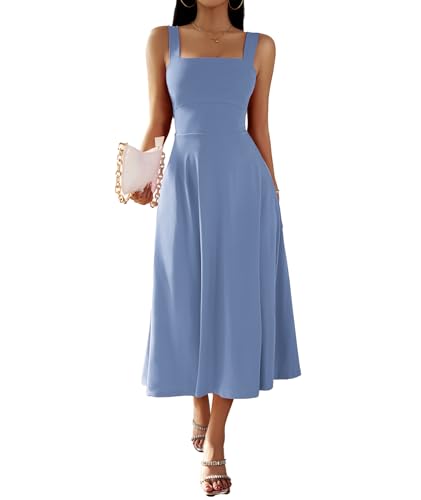 xxxiticat Damen Elegant Midi Kleid 2024 Lässig Ärmellos Viereckiger Ausschnitt A-Linie Cocktail Party Kleid(BE,M) von xxxiticat