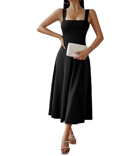 xxxiticat Damen Elegant Midi Kleid 2024 Lässig Ärmellos Viereckiger Ausschnitt A-Linie Cocktail Party Kleid(BL,S) von xxxiticat
