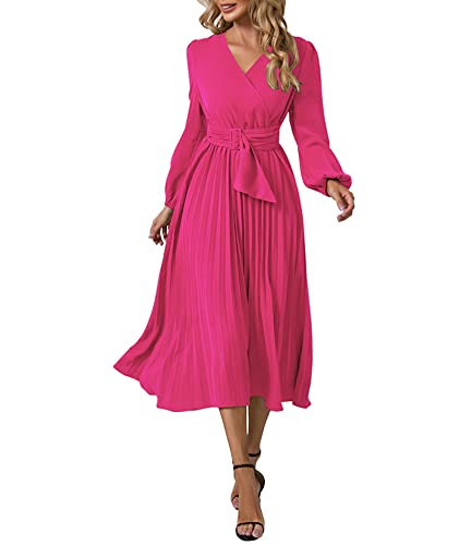 xxxiticat Damen Elegantes Midikleid mit V-Ausschnitt A-Line Kleid Abendkleider Cocktailkleid mit Gürtel(RO,S1) von xxxiticat