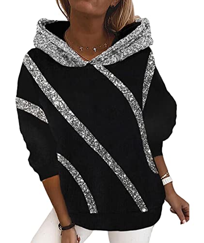 xxxiticat Damen Glänzende Pailletten Kapuzen-Sweatshirt Langarm Casual Bling Sparkly Striped Color Block Pullover Hoodies, Schwarz, 3XL von xxxiticat