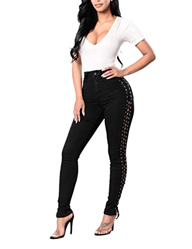 xxxiticat Damen Gothic Schwarz Denim Hosen Push Up Enge Hollow Out Side Lace Up Bandage Kreuz Bleistift Jeans Hose - Schwarz - XX-Large von xxxiticat