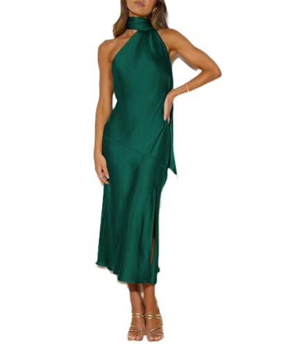 xxxiticat Damen Halter Krawatte Neck Satin Kleid Ärmellos Open Back Twisted Cutout Split Saum Hochzeit Party Midi Kleid(DN,M) von xxxiticat
