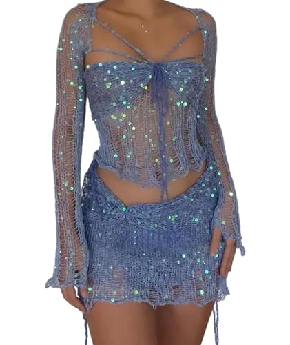 xxxiticat Damen Hohl Out Rock Passendes Set Langarm Cardigan Jacke Bralette Crop Top Häkelrock Dreiteiliger Anzug, Normales Blau, Large von xxxiticat
