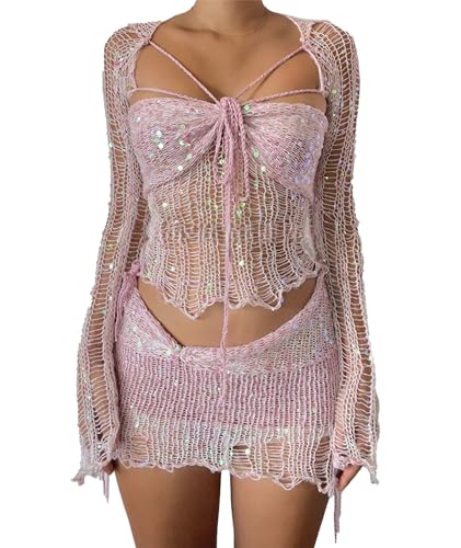 xxxiticat Damen Hollow Out Rock Passendes Set Langarm Cardigan Jacke Bralette Crop Top Häkelrock Dreiteiliger Anzug, Pink, X-Large von xxxiticat