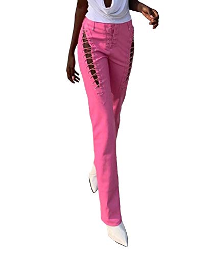 xxxiticat Damen Lace Up PU Leder Hose Chic Hohe Taille Hollow Out Kordelzug Bandage Cut Out Kunstleder Hose - Pink - Klein von xxxiticat