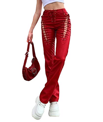 xxxiticat Damen Lace Up PU Leder Hose Chic Hohe Taille Hollow Out Kordelzug Bandage Cut Out Kunstleder Hose - Rot - Mittel von xxxiticat
