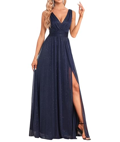 xxxiticat Damen Lang Pailletten Abendkleid Cocktailkleid Brautjungfernkleider V-Ausschnitt Tüllkleid Festliche Kleider für Hochzeit mit Schlitz(ZQ,L) von xxxiticat