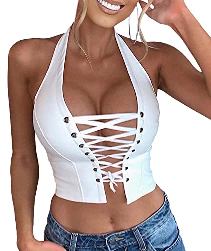 xxxiticat Damen Neckholder PU Leder Crop Top Lace Up Bandage Criss Cross Ösen Cropped Kunstleder Tank Camisole Shirt, Weiss/opulenter Garten, Klein von xxxiticat