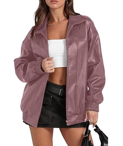 xxxiticat Damen Oversized PU Leder Jacke Mode Motorrad Mäntel Winter Outfits Kleidung Faux Wildleder Zip Up Mantel Oberbekleidung(PI,2XL) von xxxiticat