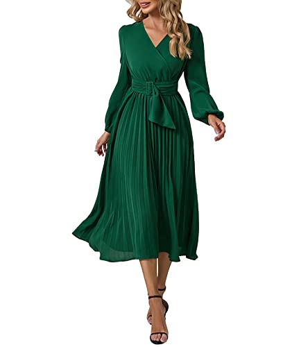 xxxiticat Damen Plissee Midikleid Langarm V-Ausschnitt Gürtel Weihnachten Tie Taille Schnürung A-Linie Chiffon Wickelkleid, Grün , XX-Large von xxxiticat