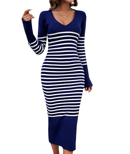 xxxiticat Damen Rippstrick Pullover Kleid Casual Langarm V-Ausschnitt Streifen Bodycon A-Linie Midi Kleid Streetwear(ZQ,M) von xxxiticat