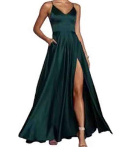 xxxiticat Damen Satin Elegant Lange Ballkleider V-Ausschnitt A-Linie Hohe Taille Split Hochzeitskleid Abendkleider Kleider Lang Brautjungfer Kleid mit Taschen(DN,L) von xxxiticat