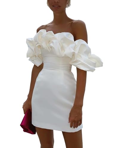 xxxiticat Damen Satin Elegant Minikleid Offene Schultern Ärmellos Bodycon Partykleid Bleistiftkleid Cocktailkleid Club Oberteile(WH,M) von xxxiticat