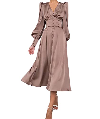 xxxiticat Damen Satin Midikleid Langarm Vintage Puffärmel Maxikleider Rüschen Einreihig Knopfleiste Einfarbigkleid (BR,S) von xxxiticat