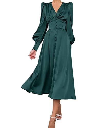 xxxiticat Damen Satin Midikleid Langarm Vintage Puffärmel Maxikleider Rüschen Einreihig Knopfleiste Einfarbigkleid (DN,L) von xxxiticat