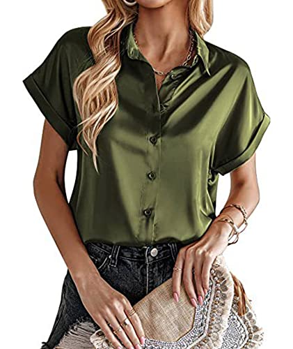 xxxiticat Damen Seide Kurzarm Hemdbluse V-Ausschnitt Elegant Oberteile Casual Slim Fit Einfarbig Hemd(AG, M) von xxxiticat