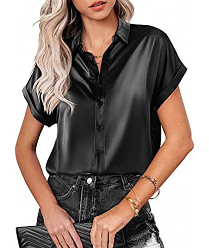 xxxiticat Damen Seide Kurzarm Hemdbluse V-Ausschnitt Elegant Oberteile Casual Slim Fit Einfarbig Hemd(BL,L) von xxxiticat
