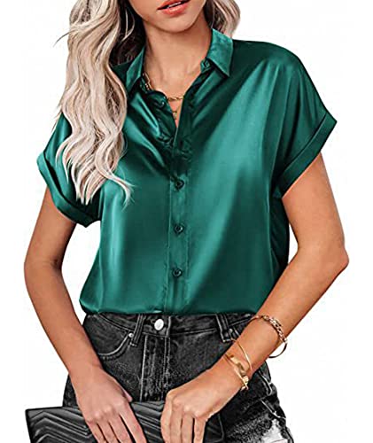 xxxiticat Damen Seide Kurzarm Hemdbluse V-Ausschnitt Elegant Oberteile Casual Slim Fit Einfarbig Hemd(GR,L) von xxxiticat
