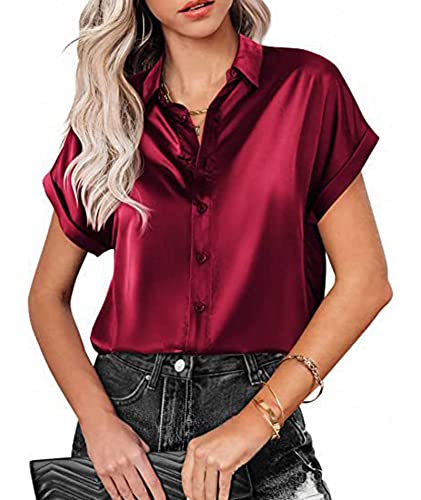 xxxiticat Damen Seide Kurzarm Hemdbluse V-Ausschnitt Elegant Oberteile Casual Slim Fit Einfarbig Hemd(WR,S) von xxxiticat